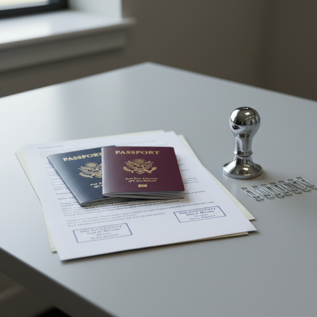 A detailed, photographic close-up of two passports—one deep navy and one burgundy—placed atop a neatly stacked set of travel documents stamped with “San Juan County, New Mexico.” The passports rest slightly askew on a smooth, light-gray desk, next to a silver notary seal and a small stack of paper clips aligned in a tidy row. Cool, diffused daylight from a window creates soft, even lighting with gentle reflections on the metallic seal. Shot from a slightly elevated angle with a shallow depth of field, the foreground elements are crisp while the background dissolves into a subtle blur of neutral office tones. The mood is orderly, calm, and efficient, suggesting expert handling of travel-related notarizations.