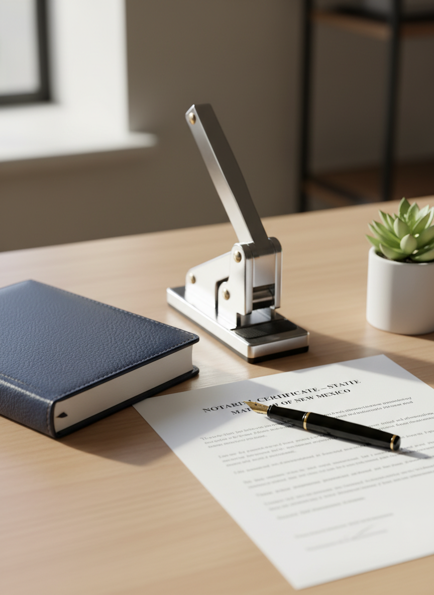 A neatly arranged desktop featuring a closed navy-blue notary journal with a textured leather cover, an official-looking metal notary seal embosser, and a fountain pen resting diagonally across a crisp document labeled “Notarial Certificate – State of New Mexico.” The scene sits on a smooth, light-wood surface beside a small succulent in a white ceramic pot. Soft, natural daylight from an unseen window to the left creates gentle highlights on the metal embosser and subtle shadows along the journal’s spine. Photographic realism with a clean, modern aesthetic, shot at eye level with a shallow depth of field so the background fades into a soft blur, conveying professionalism, trust, and calm reliability for a notary public website hero image.