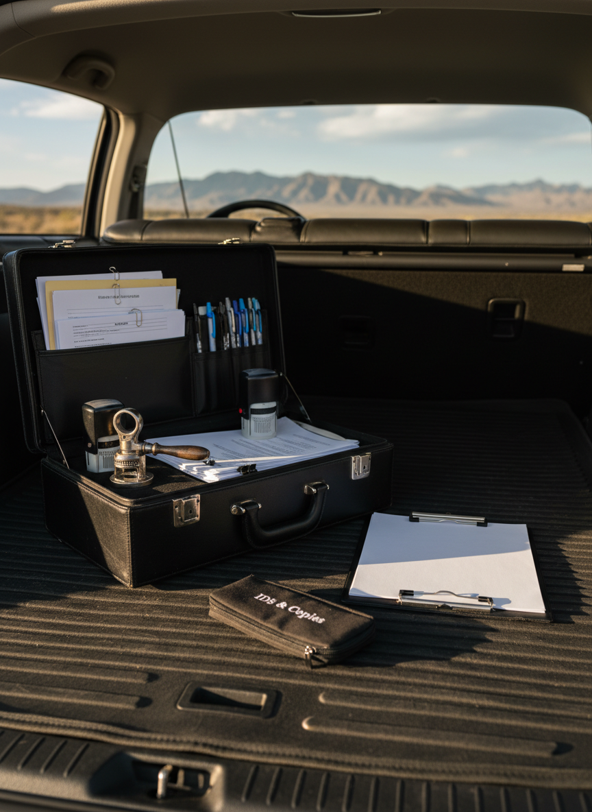 A wide, photographic shot of an organized mobile notary kit laid out on the back of a clean, dark-gray car trunk mat, ready for travel across Northwest New Mexico. A structured black leather briefcase is open, revealing neatly filed documents, a notary seal embosser, a date stamp, and multiple blue and black pens in elastic loops. A foldable clipboard and a small zippered pouch labeled “IDs & Copies” are arranged beside it. Late afternoon golden light filters in from the open trunk, casting long, soft shadows and warm highlights on metal surfaces. The composition uses rule of thirds, with sharp focus throughout, evoking reliability, preparedness, and professional mobility for a traveling notary service.