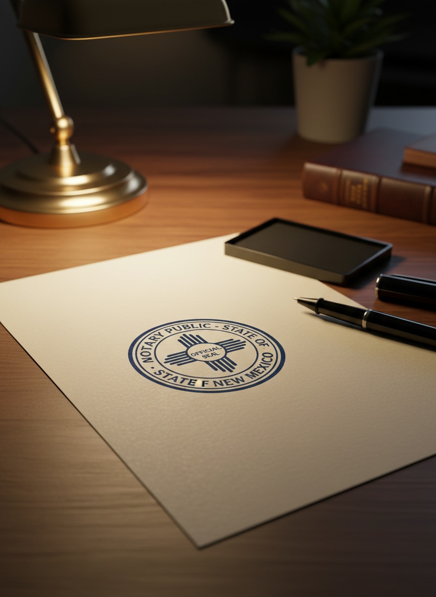 A close-up, photographic scene of a stamped notarial certificate on high-quality ivory paper, the round ink stamp clearly showing “Notary Public – State of New Mexico” with fine, crisp details. The document rests on a dark walnut desk, with a brass desk lamp just out of frame casting warm, focused light across the paper, creating soft shadows at the edges. Nearby, a sleek black ink pad and a neatly capped rollerball pen add balance to the composition. Shot from a slightly elevated angle with sharp focus on the stamp impression and a gentle bokeh in the background, the mood is precise, professional, and reassuring, emphasizing accuracy and legal formality.
